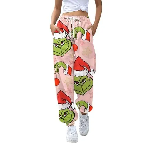 Produktbild: BFTHWY 𝑮𝒓𝒊𝒏𝒄𝒉 Leggings Gefüttert Damen Winter Weinachts Hose Thermo Leggings Damen Weihnachten Partner Pyjama Weihnachten Thermohose Wasserdicht Damen Herrenpyjama Stoffhose Damen High Rosa L